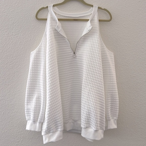 Plus Size Half Zip V-Neck White Cold Shoulder Waffle Knit Sweater Sweatshirt - Picture 11 of 11